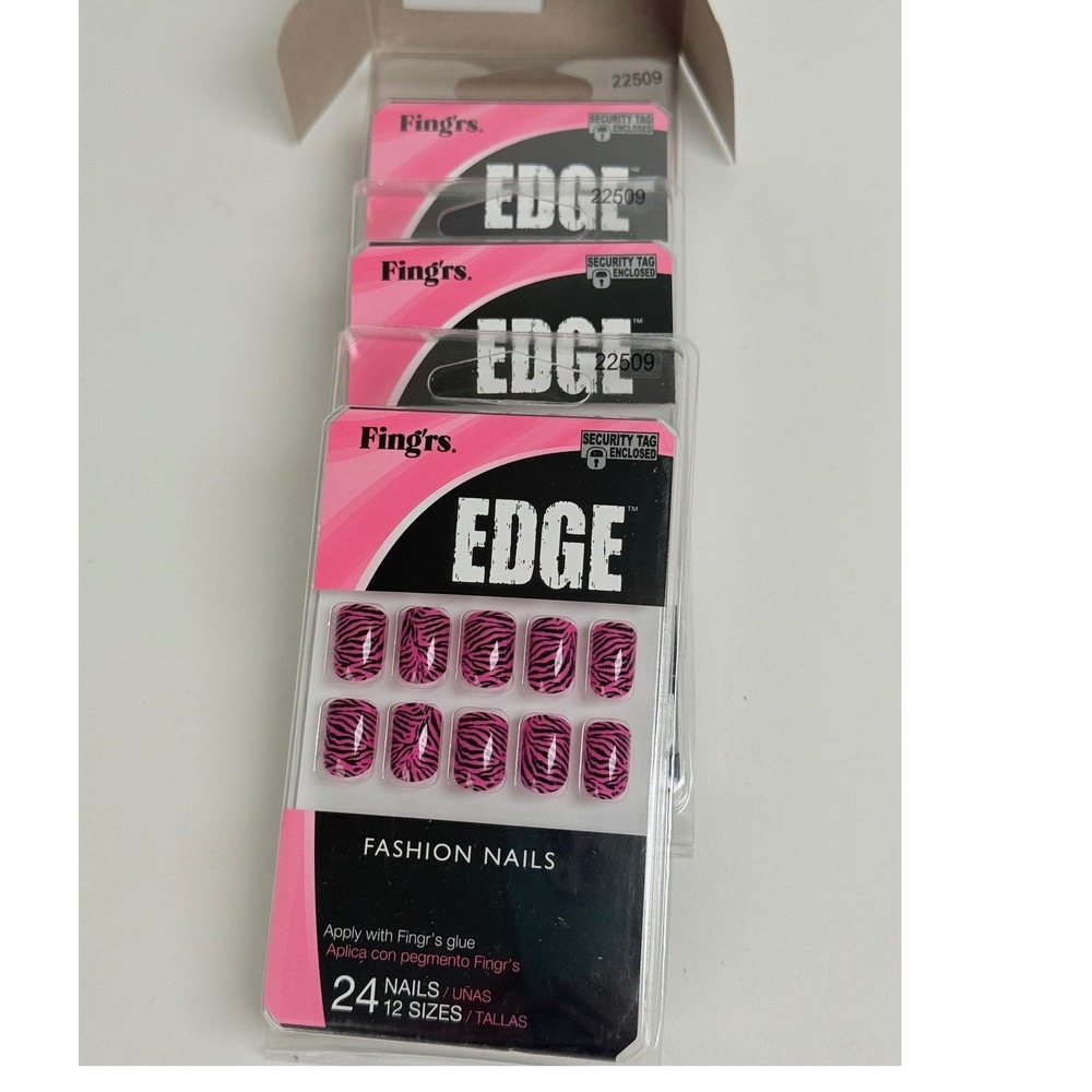 Fing'rs Edge Fashion Nails Pink Black Zebra Print Press On 24 Ct Lot of 3 New - Picture 2 of 4